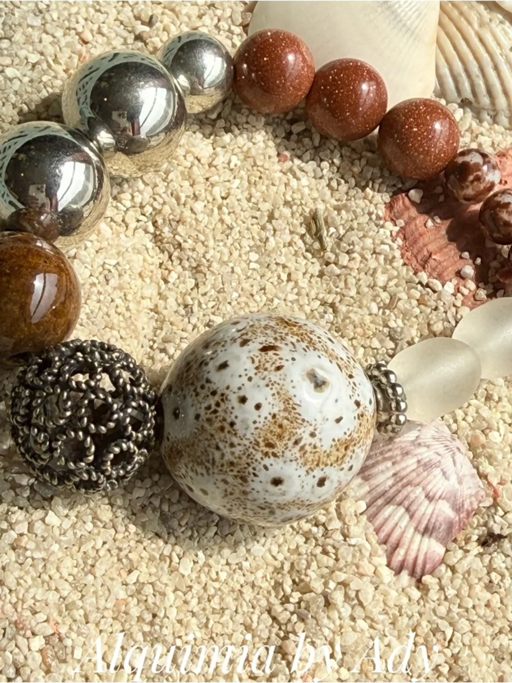 GOLDSTONE Brown, Cream & Silver Mixed-Bead Bracelet